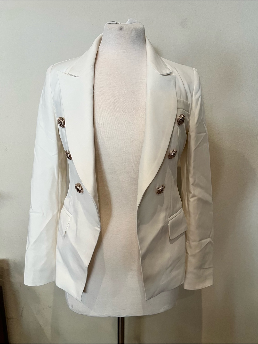 Women's White Double-Breasted Blazer with Gold-Tone Buttons